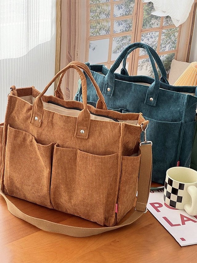 mmvkif1759316358469 Women's Corduroy Tote Bag with Multiple Pockets, Casual - Image 1