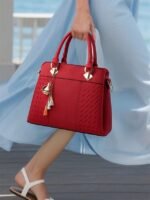 Women's Faux Leather Handbag with Tassel Charm and Textured - Image 12